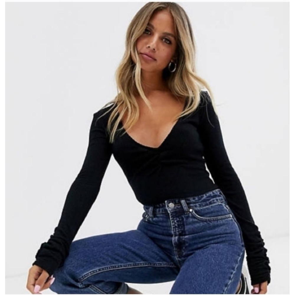 INTIMATELY Free People Cozy Up With Me Ribbed Plunge Ruched V-Neck Bodysuit Sz L